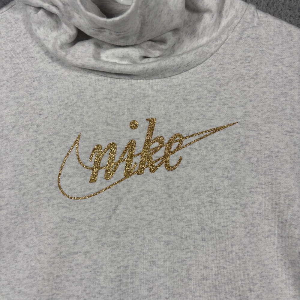 Nike Hoodie Womens L Grey Gold Glitter Logo Pullover‎ Sportswear Fleece Pocket - Picture 2 of 8